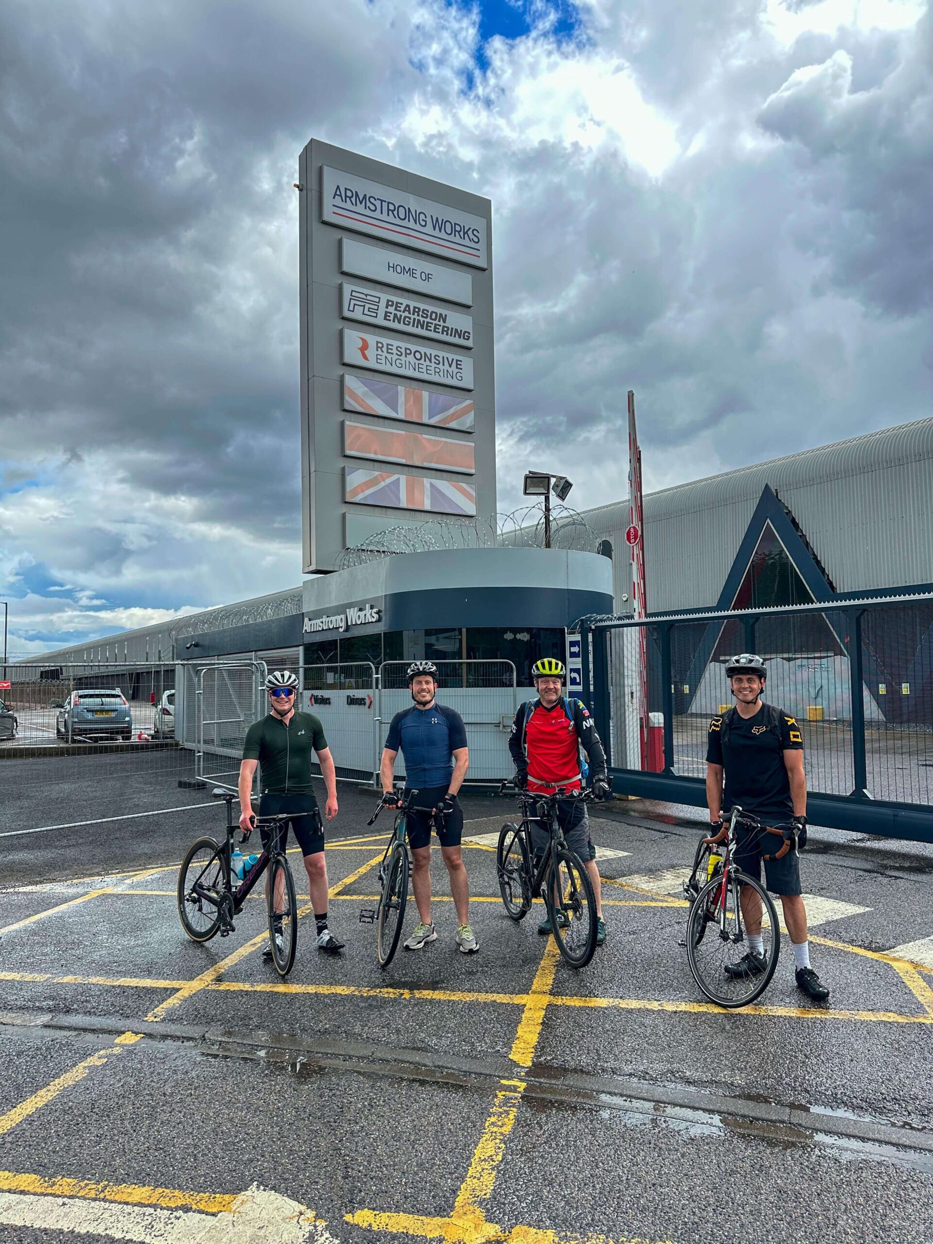 Team photo at Armstrong Works - Pearson Engineering and Responsive Engineering Tour de Tyne bike ride for Walking With The Wounded 